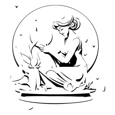 Illustration of a woman meditating in the moonlight. Vector illu