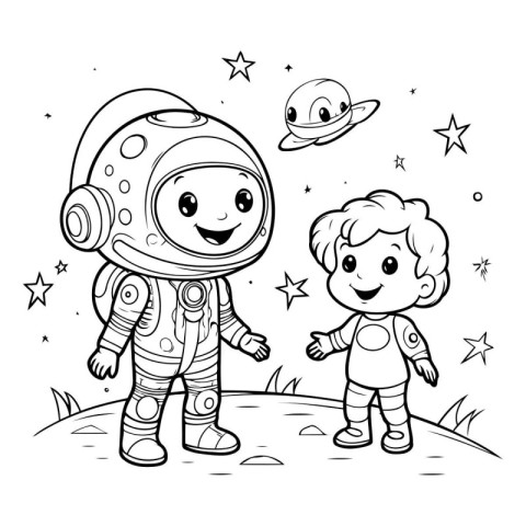 Coloring book for children: Astronaut and little boy. Vector ill