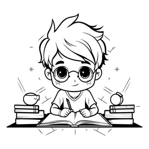 Cute little boy reading a book. Black and white vector illustrat