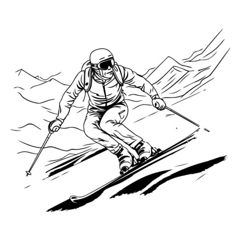 Skier skiing downhill. Black and white vector illustration of a