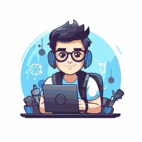 Vector illustration of a young man with headphones and a laptop