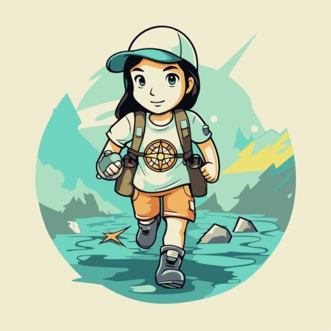 Cartoon girl hiker with backpack and compass. Vector illustratio