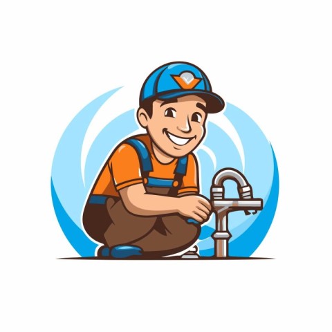 Plumber with faucet. Vector illustration in cartoon style.