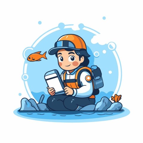 Boy with backpack and tablet sitting on the seashore. Vector ill