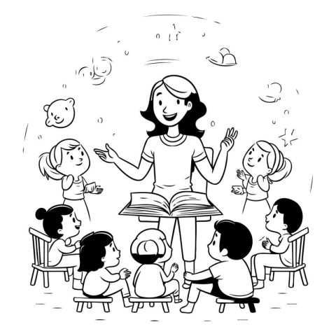 Teacher reading book with children. Black and white vector illus