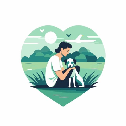 Man with dog in the park. Vector illustration in flat style.