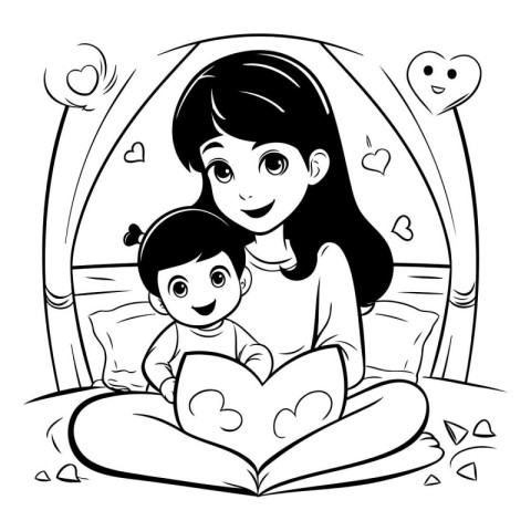 Mother and daughter reading a book together. Black and white vec