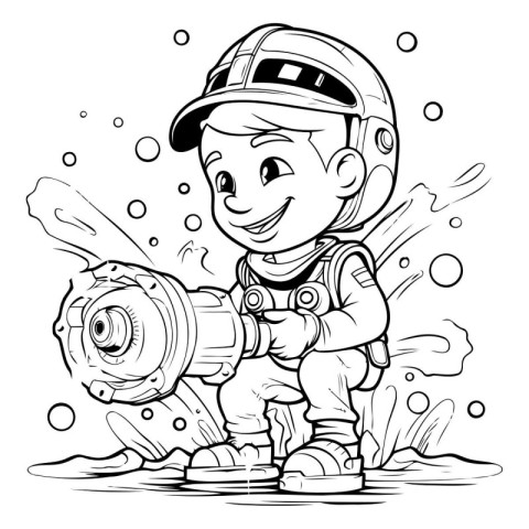 Black and White Cartoon Illustration of Cute Kid Boy with Power