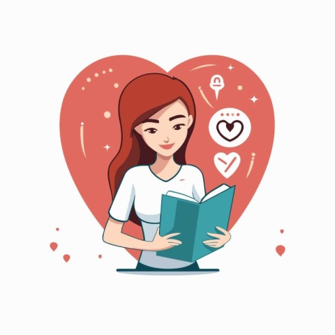 Young woman reading a book in the heart shape. Vector illustrati