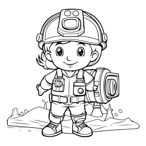 Black and White Cartoon Illustration of Cute Little Fireman Boy