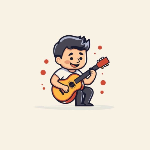 Little boy playing guitar. Cute cartoon character. Vector illust