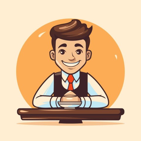 Businessman sitting at the table. Vector illustration in cartoon