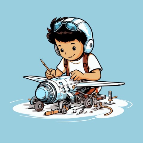 Illustration of a little boy playing with a toy airplane. Vector