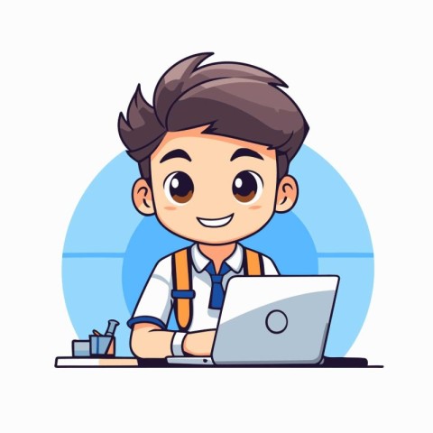 Cute boy working on laptop. Vector illustration in cartoon style