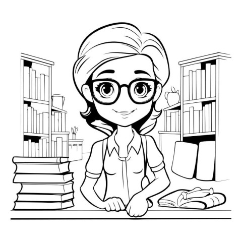 Girl in glasses sitting at the table with books. Vector illustra