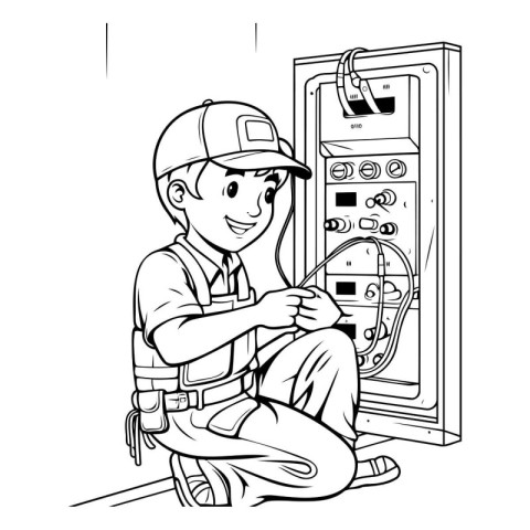 Electrician at work in front of the electrical panel. Vector ill