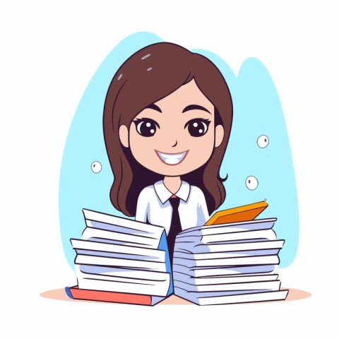 Cute cartoon business woman with pile of books. Vector illustrat