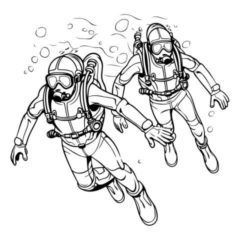 Diving men. Black and white vector illustration for coloring boo