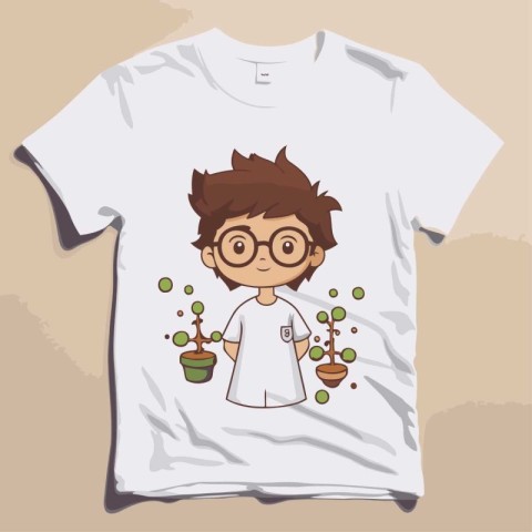 T-shirt design with a boy in glasses and a flower pot