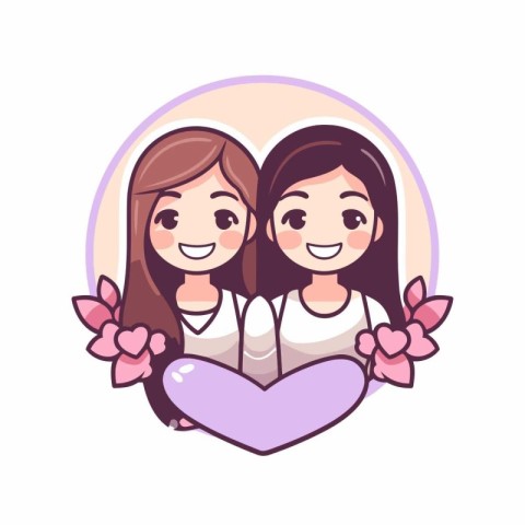 Cute cartoon couple in love with heart. Vector illustration on w