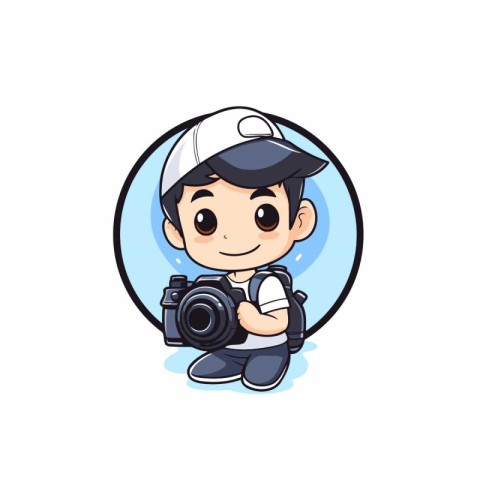 Cute photographer boy with camera. Vector illustration on white