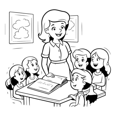 Girl teacher with pupils in classroom. black and white vector il