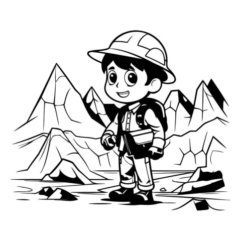 Cartoon explorer boy with a backpack and map. Vector illustratio