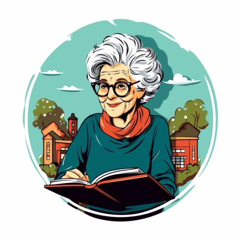 Vector illustration of an elderly woman reading a book in the ci