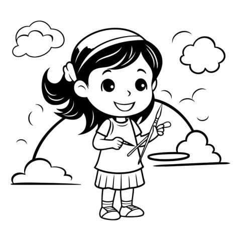 Black and White Cartoon Illustration of Cute Little Girl Playing