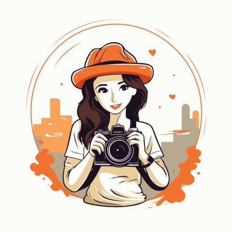 Young woman in hat with photo camera. Vector illustration in ske