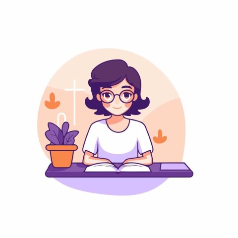 Girl with glasses sitting at the table and reading a book. Vecto