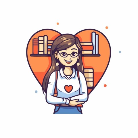 Cute girl in glasses with heart and books. Vector illustration.