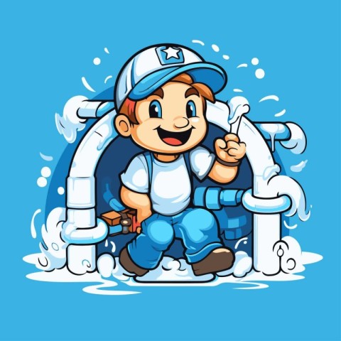 Plumber with a pipe in his hand. Vector cartoon illustration.