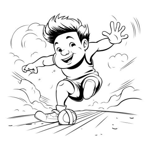 Cartoon little boy jumping on the hill. Black and white vector i