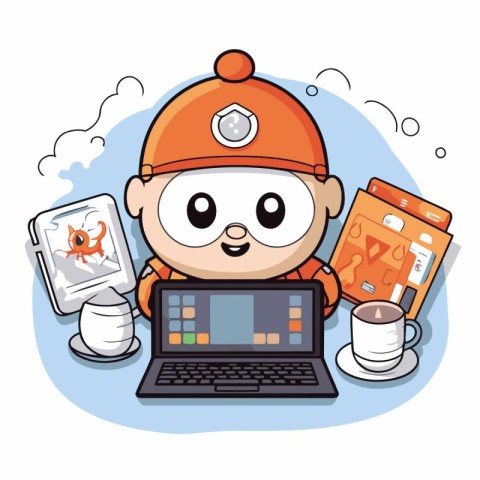 Cute builder with laptop and coffee cup cartoon vector illustrat