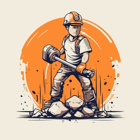 Worker with a hammer. Vector illustration of a worker in a hardh