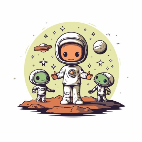 Astronaut and his friends on the moon. Vector illustration.