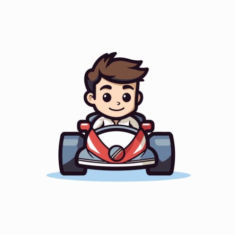 Cute boy driving a race car. vector cartoon illustration isolate