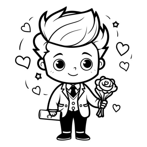 Black and White Cartoon Illustration of Cute Boy with Flowers fo