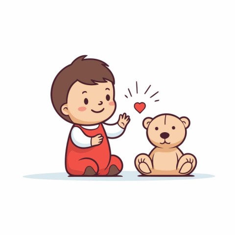 Little boy playing with teddy bear. Cute cartoon vector illustra