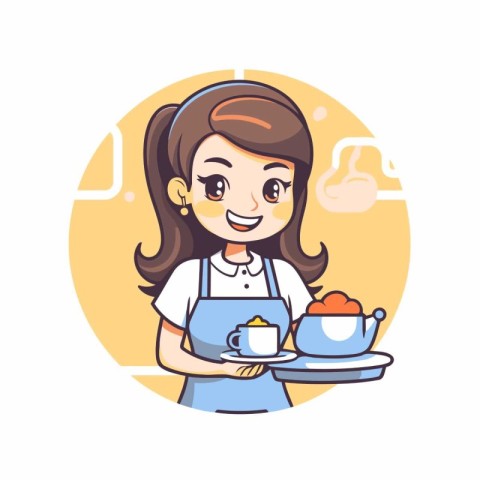 Cute girl in apron with cup of coffee. Vector illustration.