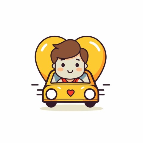 Cute boy driving a car with heart in his hand. Vector illustrati