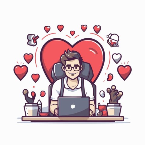 Vector illustration of a man working at home with a laptop and h