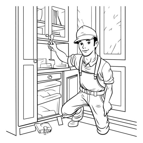 Vector illustration of a young repairman repairing the cabinet i