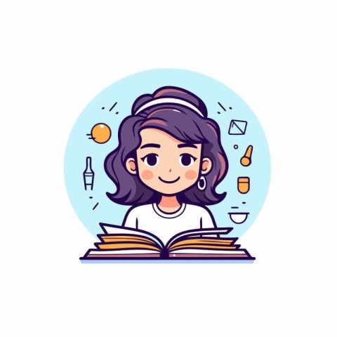 Cute little girl reading a book. Vector illustration in cartoon