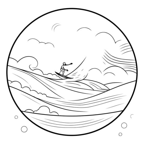 Vector black and white illustration of a surfer riding a wave.