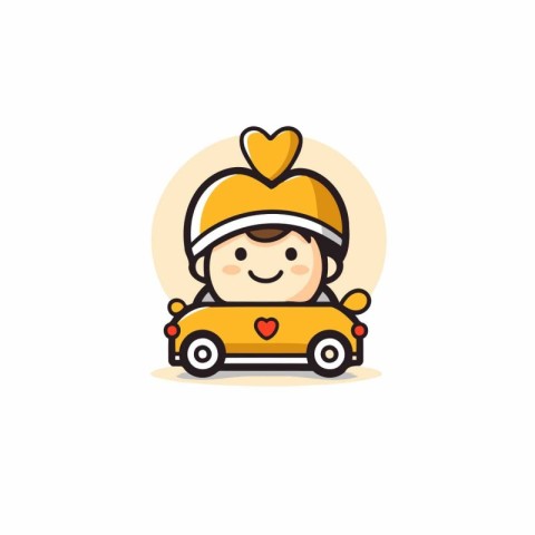 Cute boy driving a car with a heart on his head. Vector illustra