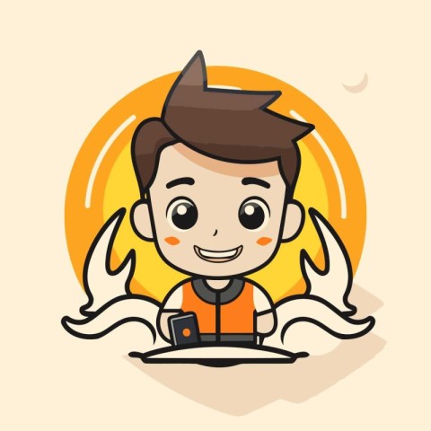 Cartoon boy with smart phone. Vector illustration in cartoon sty