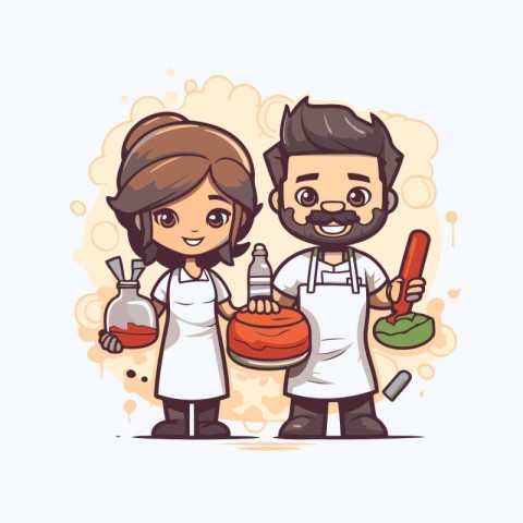 Chef man and woman cartoon character. Vector illustration in a f