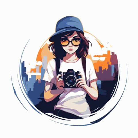 Girl photographer in hat and glasses with camera in hand. Vector